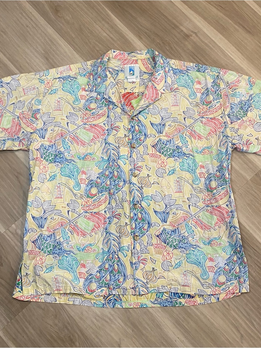 Kahala Hawaiian Shirt Mens XL Yellow Multicolor Sketch Print Rayon